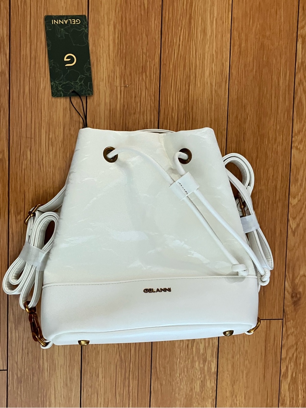 Women’s Vegan Leather Bucket Bag Chic Drawstring Hobo Purse, Beige, NEW
